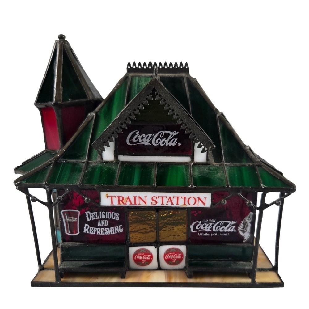 Vintage 1997 Coca Cola-Stained Glass Train Station Christmas Village Collectible